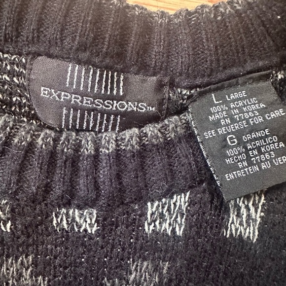 Expressions Black and Gray Crewneck Sweater with Nordic Patterns Size Large - Picture 2 of 8